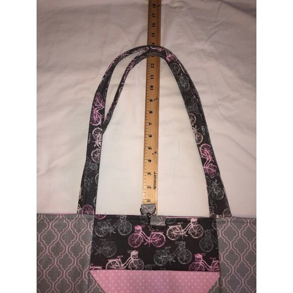 Bag Shoulder Tote Handmade Bicycle Print Pink Gray Blue New Fabric Lightweight - Picture 7 of 8